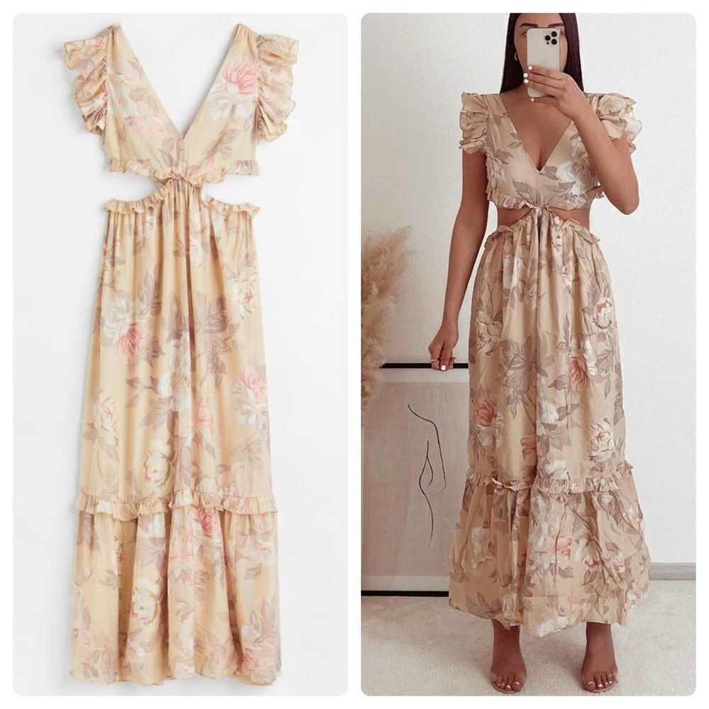 H&M Cut Out Dress Frills Pastel Floral Print - Picture 1 of 12